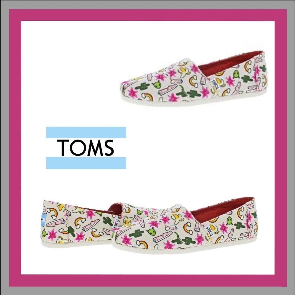 Toms Classic Birch Multi Rainbow 🌈 🌵 🌺 Aliens 🍌 Slip-Ons Size 9